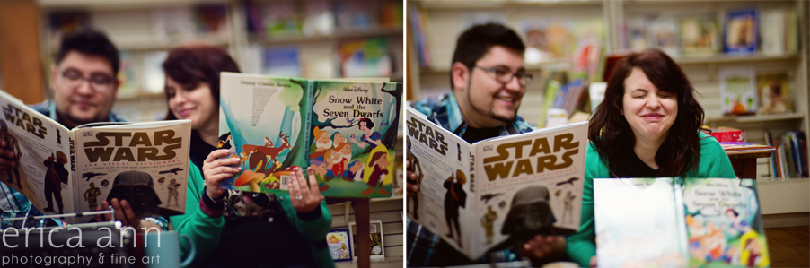 Coffee Shop Bookstore Engagement Shoot Star Wars and Cinderella