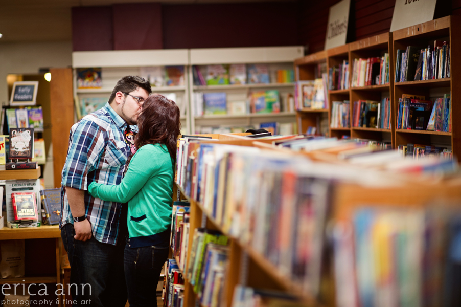 Coffee Shop Bookstore Engagement Shoot Kiss